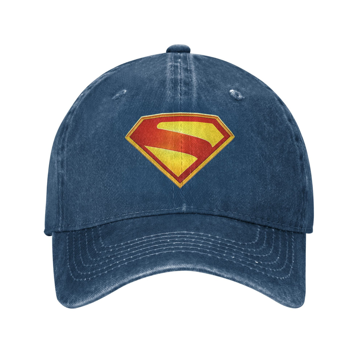 Gorra dad cap Superman de lona lavada azul marino, escudo S estampado en degradado dorado
