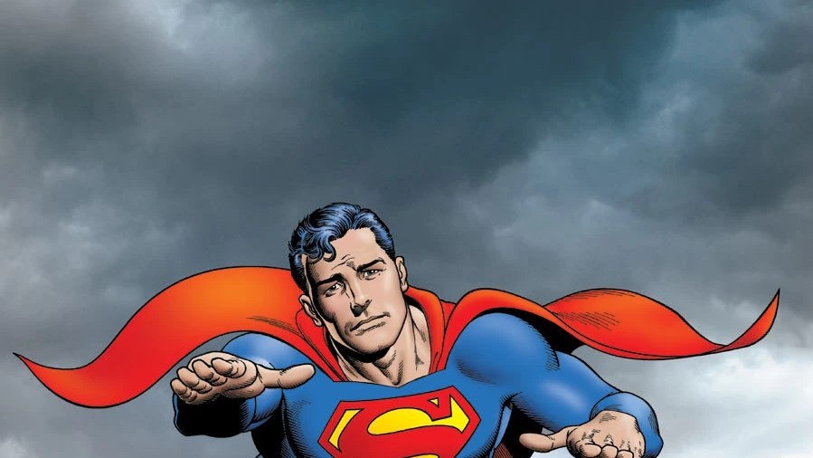 Superman vuela hacia ti, capa abierta, bajo un cielo de tormenta, ilustración de la edición deluxe de Whatever Happened to the Man of Tomorrow?