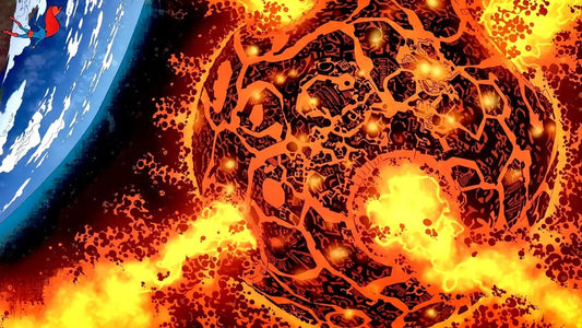 El planeta Apokolips visto desde el espacio, sus fosas de fuego visibles en la superficie