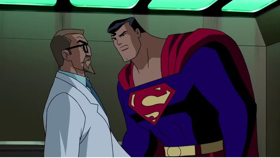 El profesor Emil Hamilton con bata de laboratorio frente a Superman