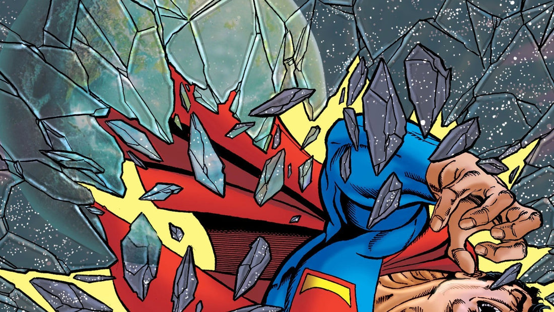 Superman atraviesa un cielo de cristales rotos, capa desplegada, durante el combate de los dos Superman en Infinite Crisis