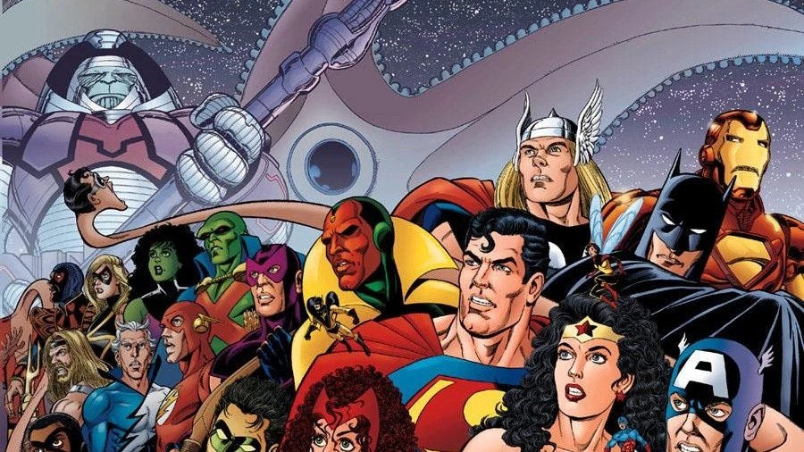 Los héroes de la Liga de la Justicia y de los Vengadores reunidos en la portada panorámica de JLA/Avengers n.º 1, dibujada por George Pérez