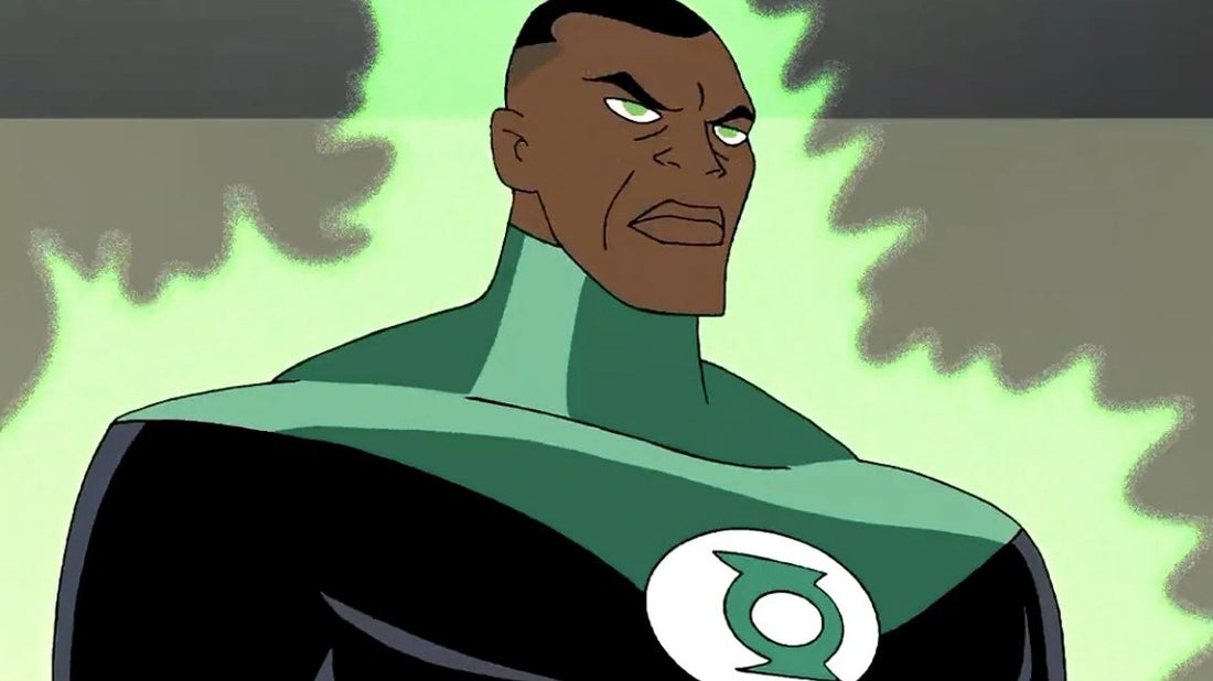 John Stewart, Green Lantern con la cabeza rapada y traje verde y negro, en la serie animada Justice League
