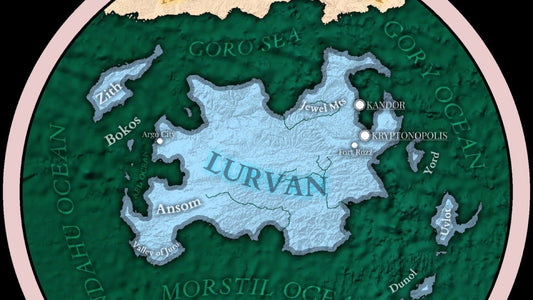 Mapa de Krypton: Kryptonopolis marcada en el continente de Lurvan, cerca de Kandor