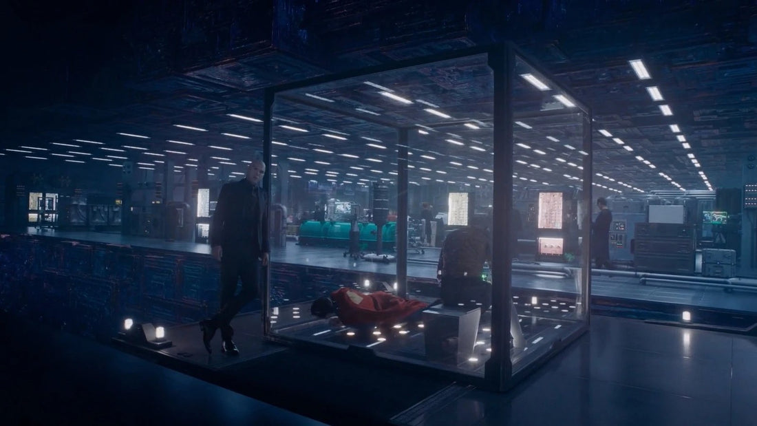 Lex Luthor ante una celda de cristal donde Superman yace en el suelo, en la prisión del universo de bolsillo de Superman (2025)