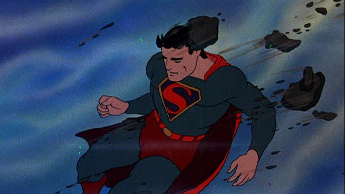 Superman de los cortos Fleischer vuela hacia ti entre escombros, capa desplegada