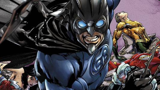 Owlman en primer plano y el Sindicato del Crimen detrás de él, en Tierra-3
