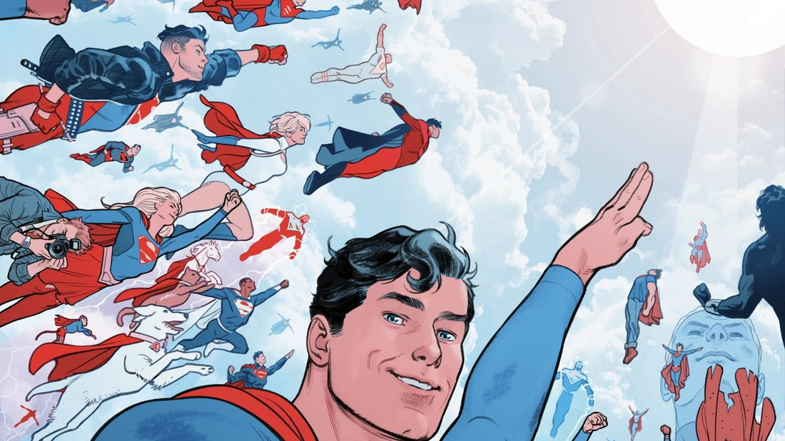 Superboy-Prime, el Kal-El de Tierra-Prime, con traje rojo y azul