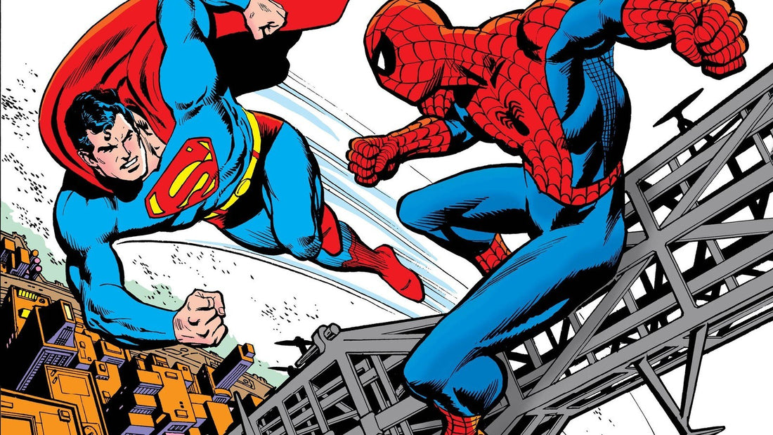 Superman y Spider-Man se enfrentan sobre una torre, recorte de la cubierta del crossover de 1976