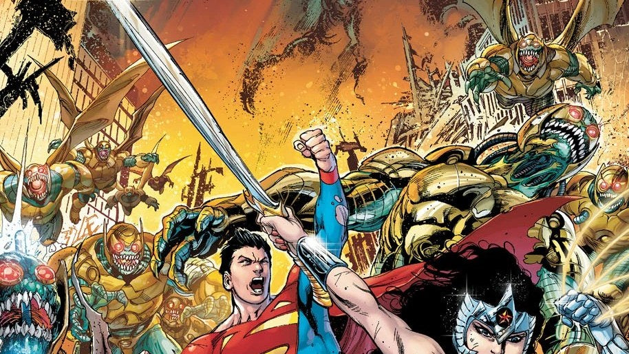Superman, Wonder Woman y Batman del New 52 Earth 2 frente a Parademons, en la cubierta textless de Earth 2 #1