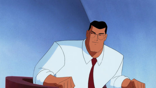 Clark Kent, el papel al que Tim Daly pone voz, con camisa blanca y corbata roja en Superman: The Animated Series