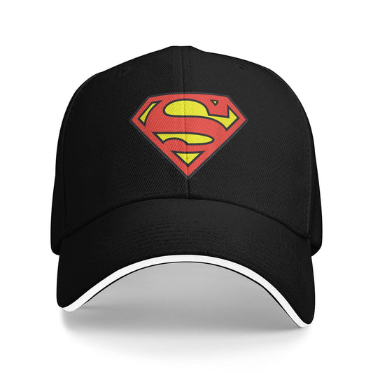 Gorra de béisbol Superman negra, escudo S rojo y amarillo estampado en el panel delantero, visera curvada bordeada con un ribete blanco