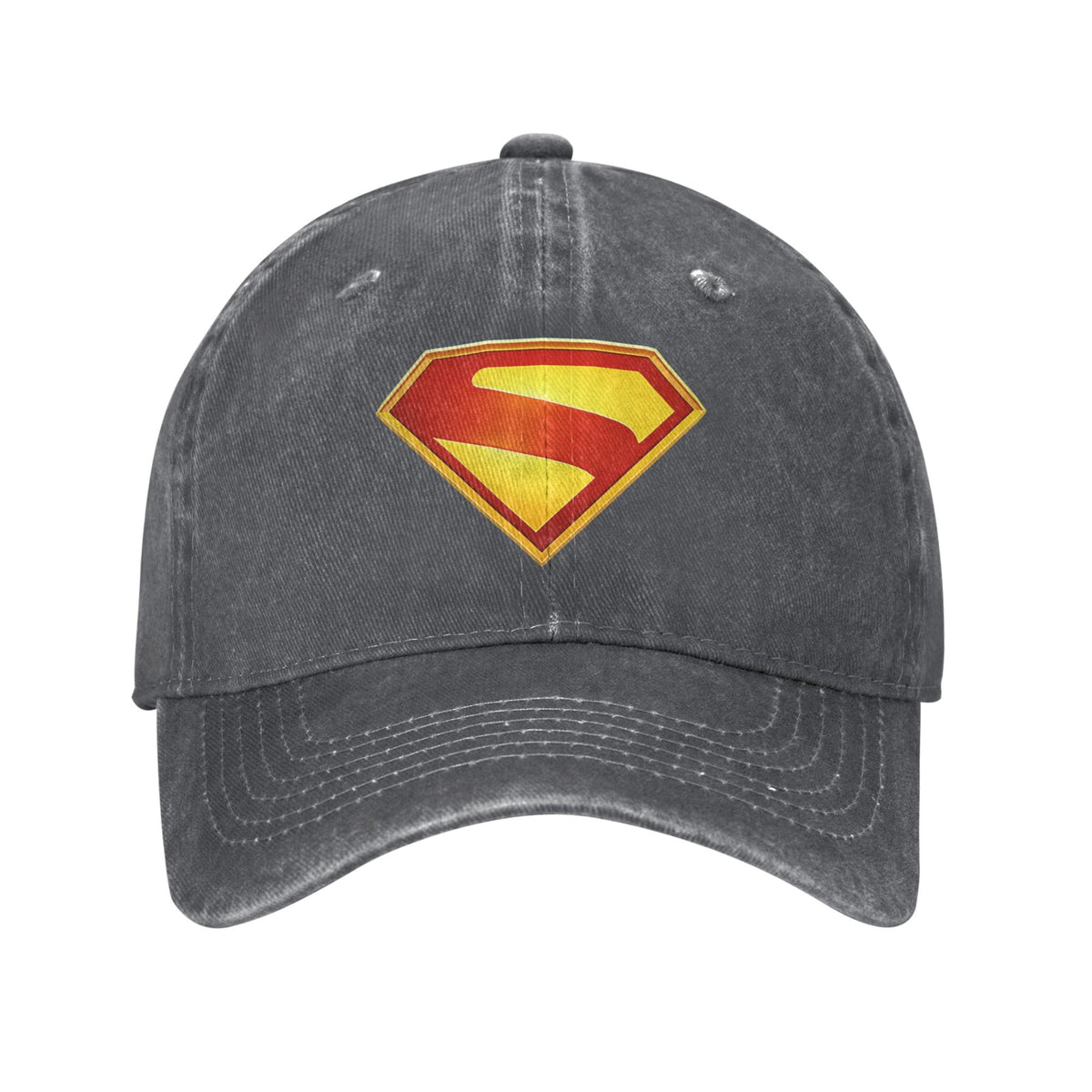 Gorra dad cap Superman de lona lavada gris antracita, escudo S estampado en degradado dorado