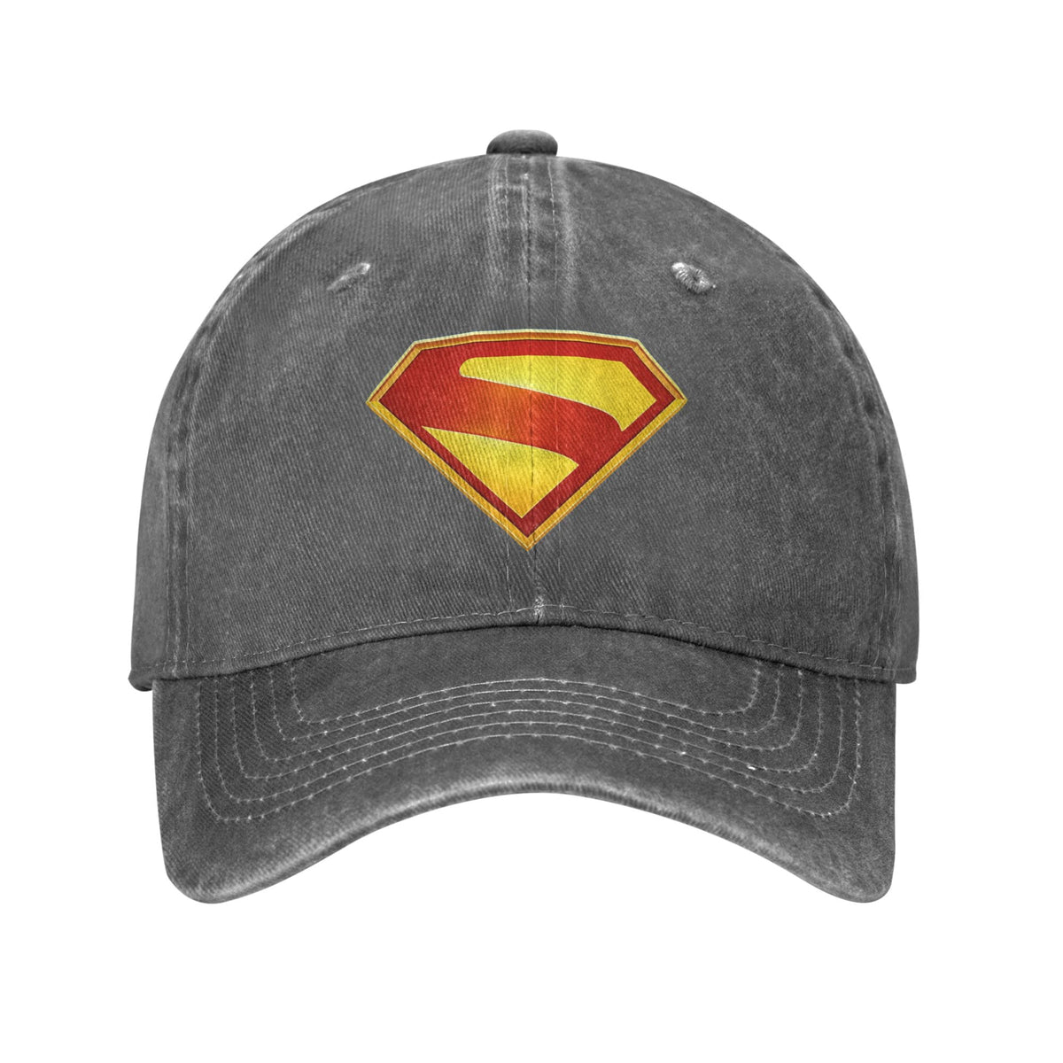 Gorra dad cap Superman de lona lavada gris claro, escudo S dorado perfilado en rojo