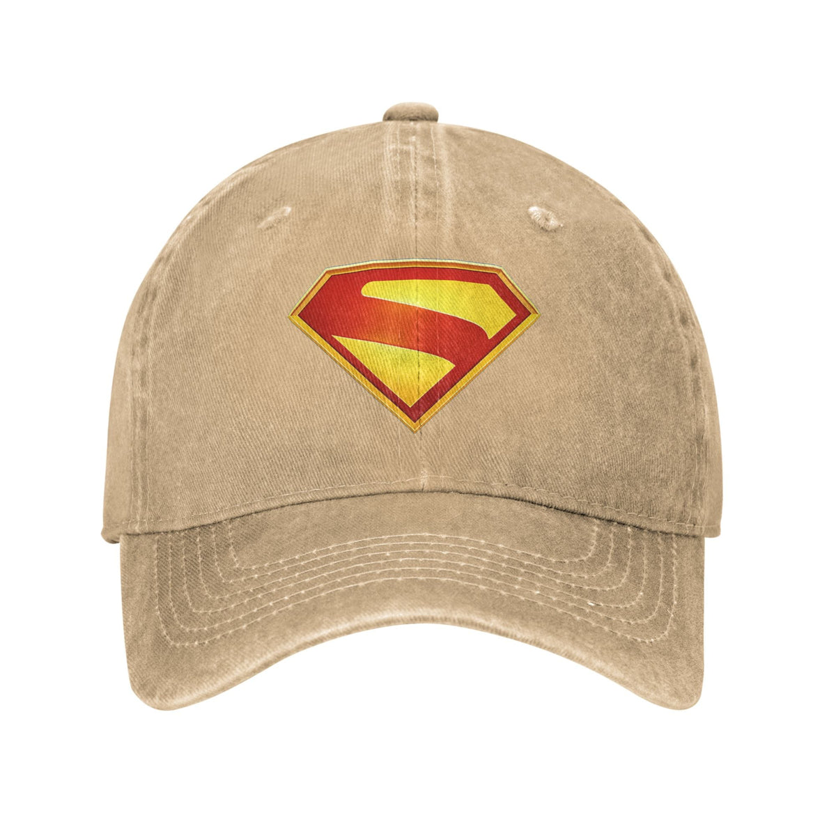Gorra dad cap Superman de lona lavada caqui, escudo S estampado en degradado dorado perfilado en rojo