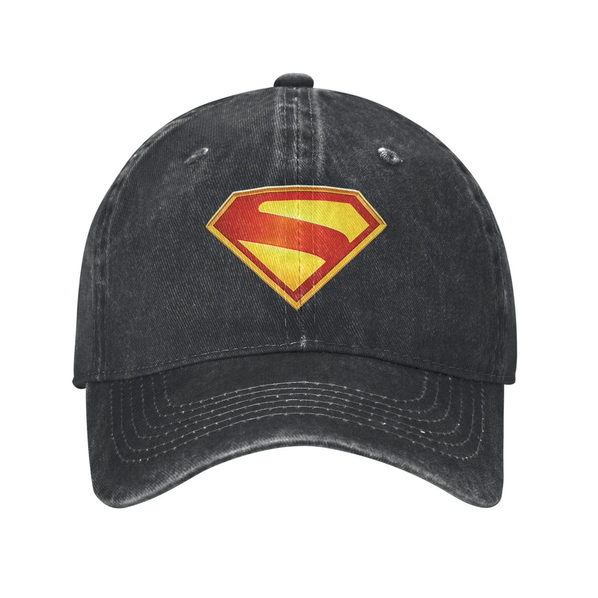 Gorra dad cap Superman de lona lavada negra, escudo S dorado perfilado en rojo en el panel delantero