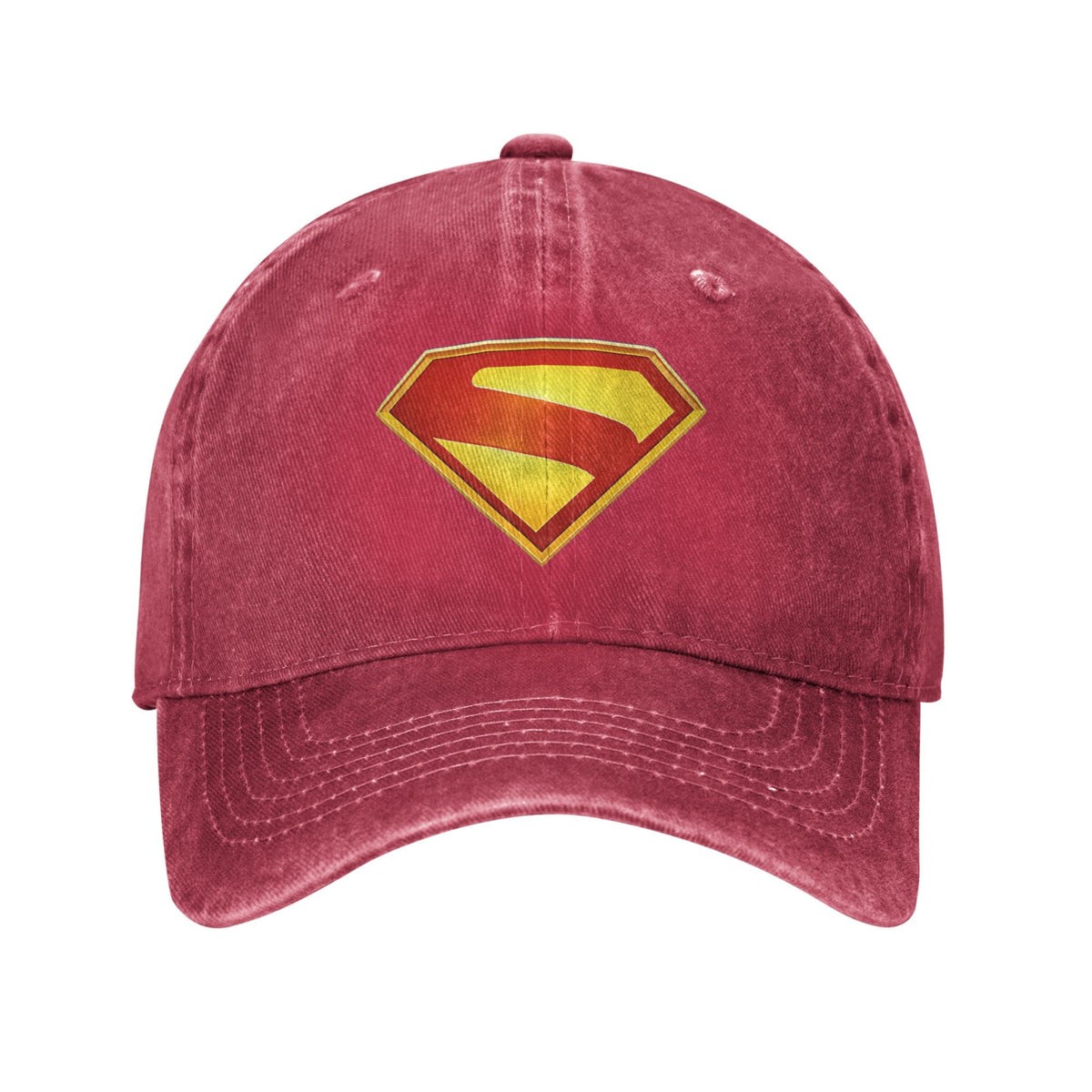 Gorra dad cap Superman de lona lavada rojo frambuesa, escudo S estampado en degradado dorado