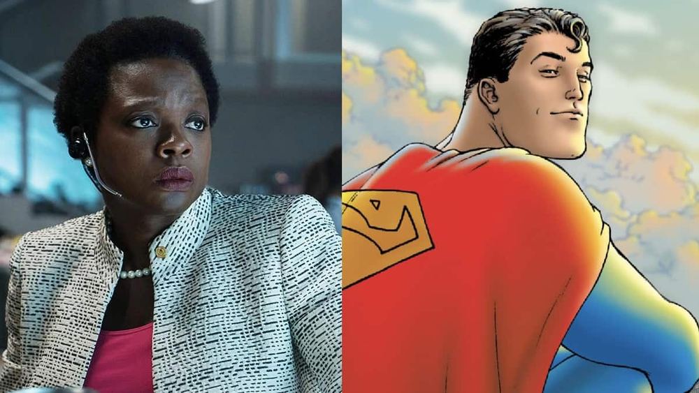 Amanda Waller con chaqueta clara, junto a un Superman dibujado