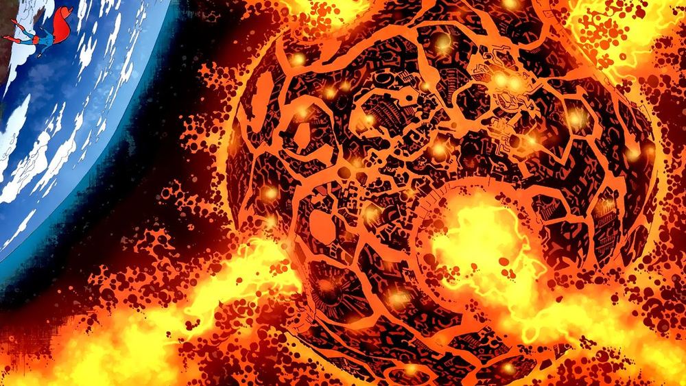 Apokolips vista desde el espacio, planeta negro surcado de fuego, Superman en aproximación