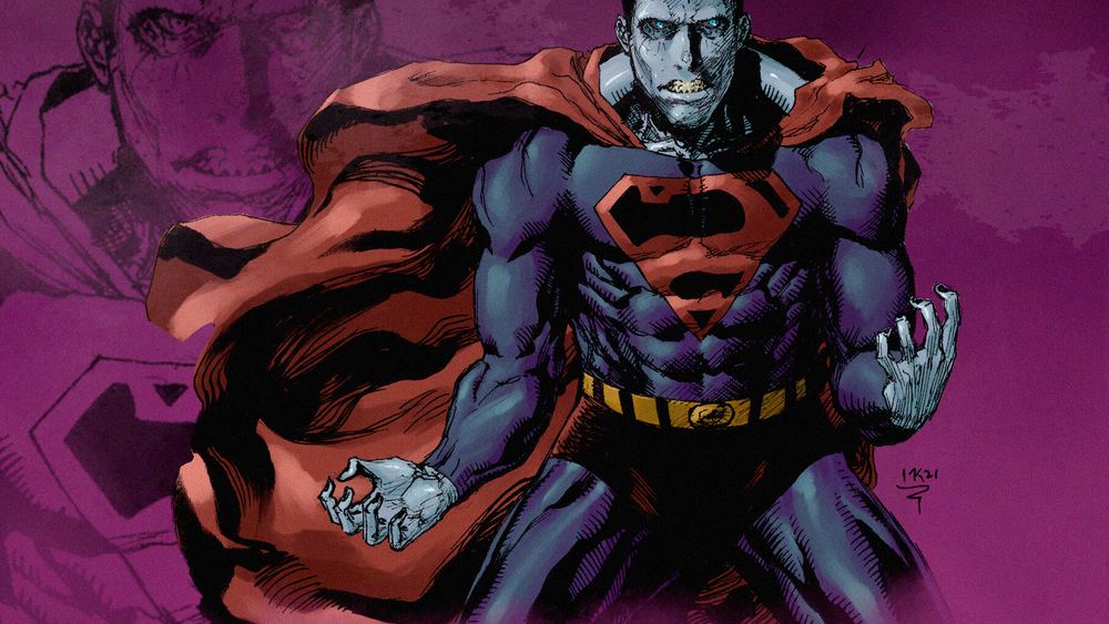 Bizarro, con la piel agrietada y el emblema invertido, sobre un fondo violeta