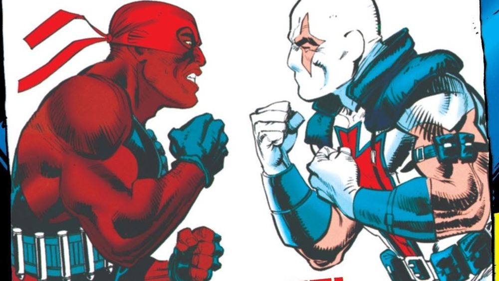 Los dos Bloodsport frente a frente, uno de rojo y el otro de blanco