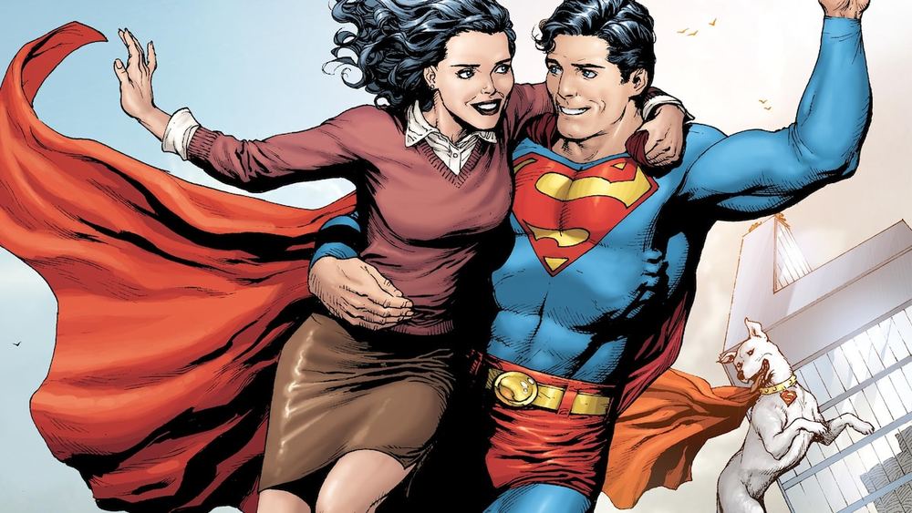 Superman y Lois Lane vuelan juntos, un perro blanco los sigue