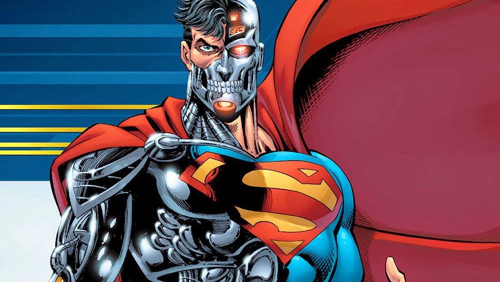 Superman Cyborg, con media cara de metal y la capa roja a su espalda
