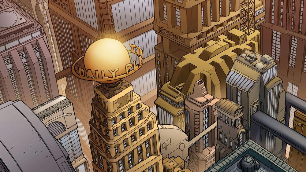 La torre del Daily Planet, globo dorado en la cima, vista de cómic