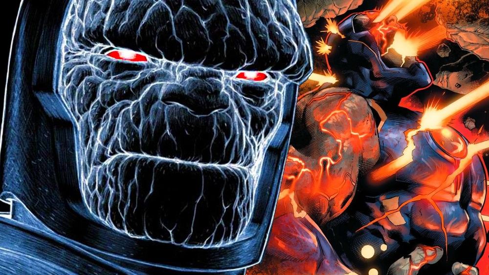Darkseid, rostro de piedra y ojos rojos, rayo Omega a la derecha