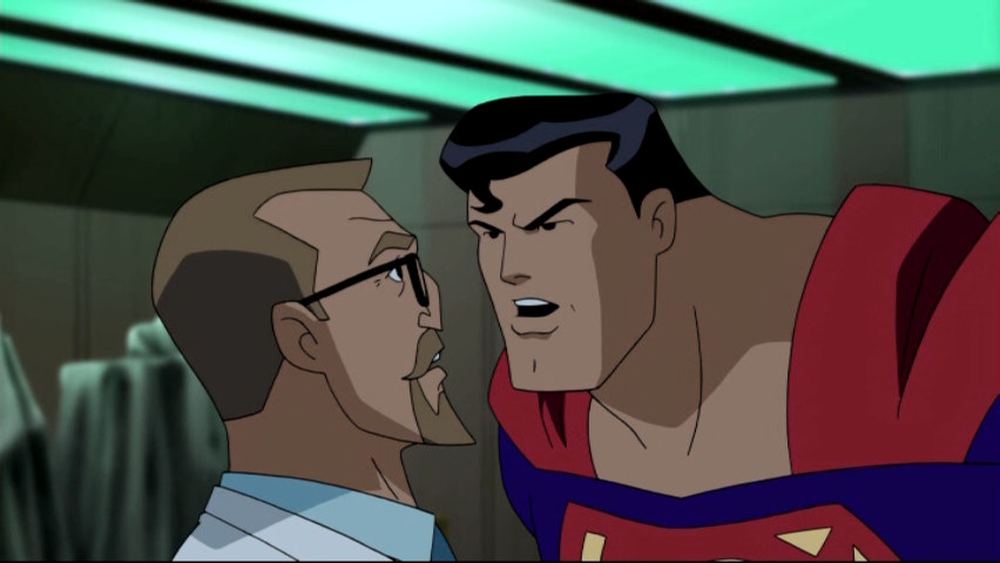 Emil Hamilton con bata, frente a Superman, en la serie animada