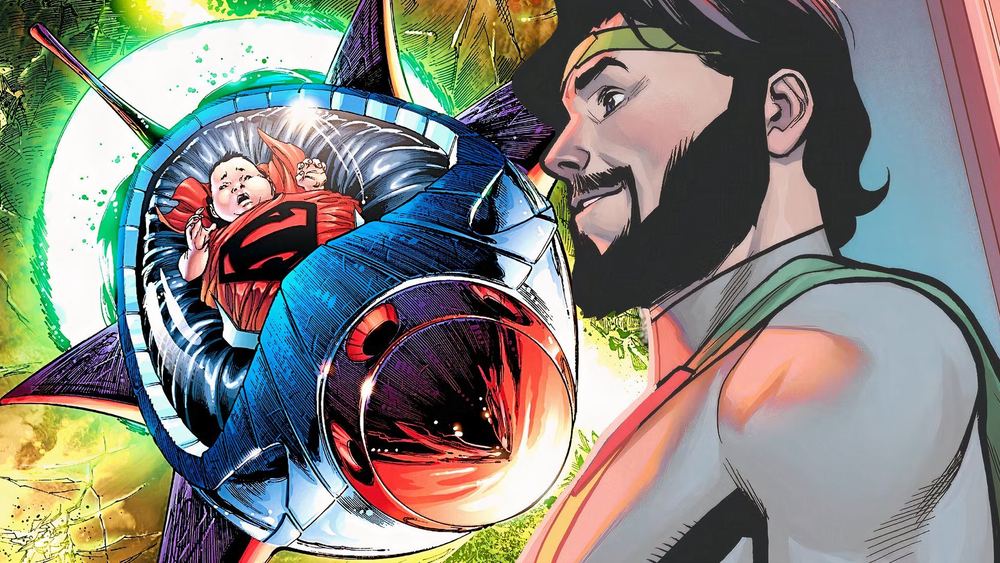 Jor-El de perfil mira la nave donde yace el bebé Kal-El