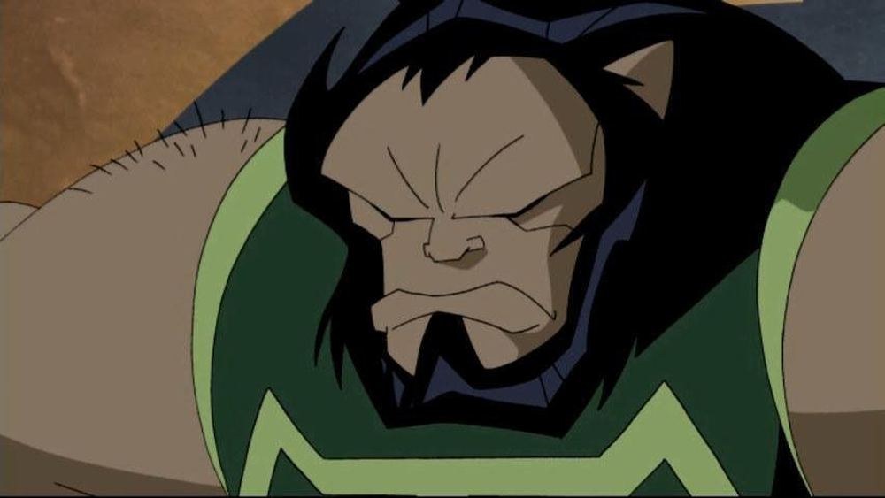 Kalibak en primer plano, armadura verde, en la serie animada