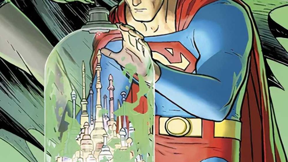 Superman sostiene la ciudad de Kandor miniaturizada bajo su campana de cristal