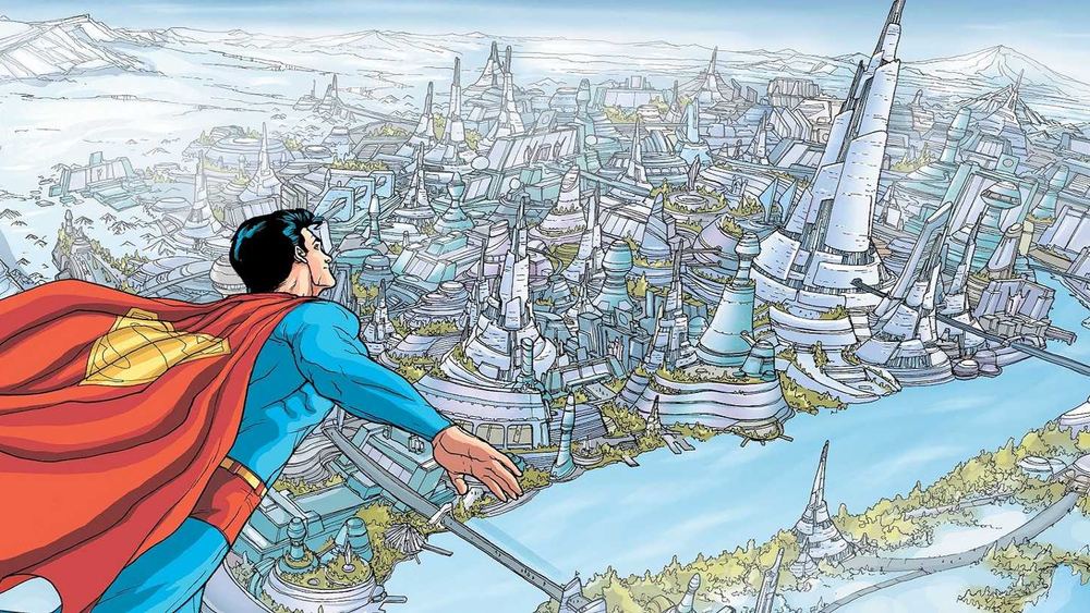 Superman de espaldas contempla las torres blancas de una ciudad kryptoniana