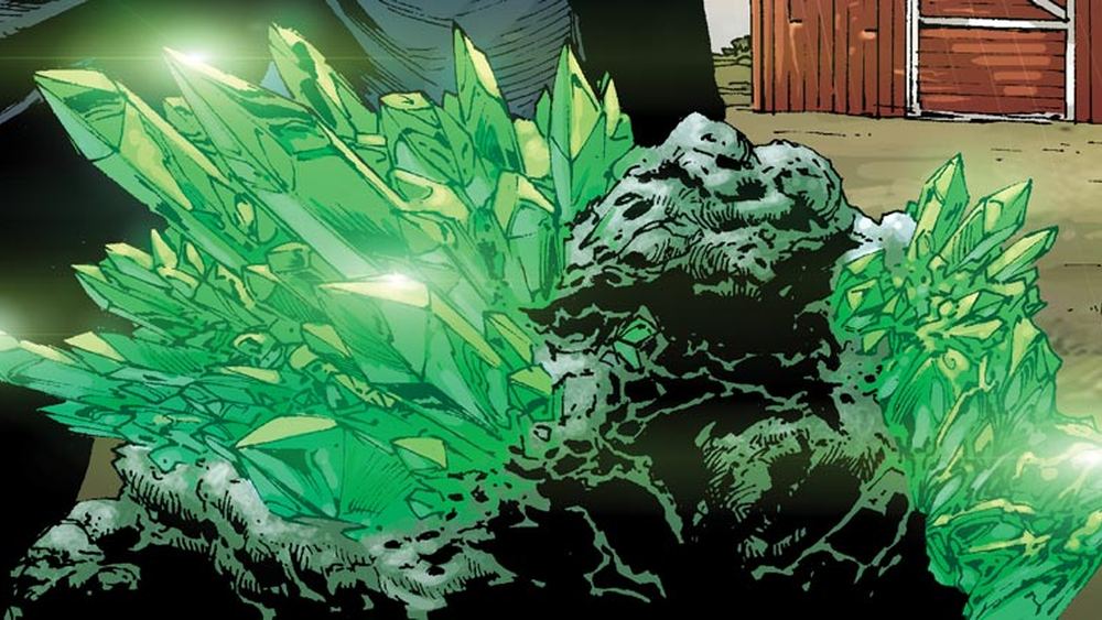 Cristales de kryptonita verde brotando de una roca