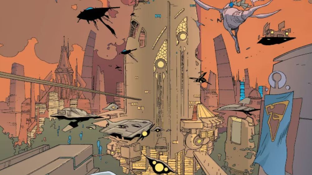 Ciudad kryptoniana vista de lejos, naves en un cielo anaranjado, en Superman Birthright