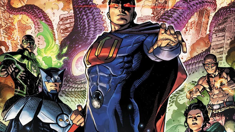 Ultraman en el centro, ojos rojos, rodeado del Sindicato del Crimen, en los cómics