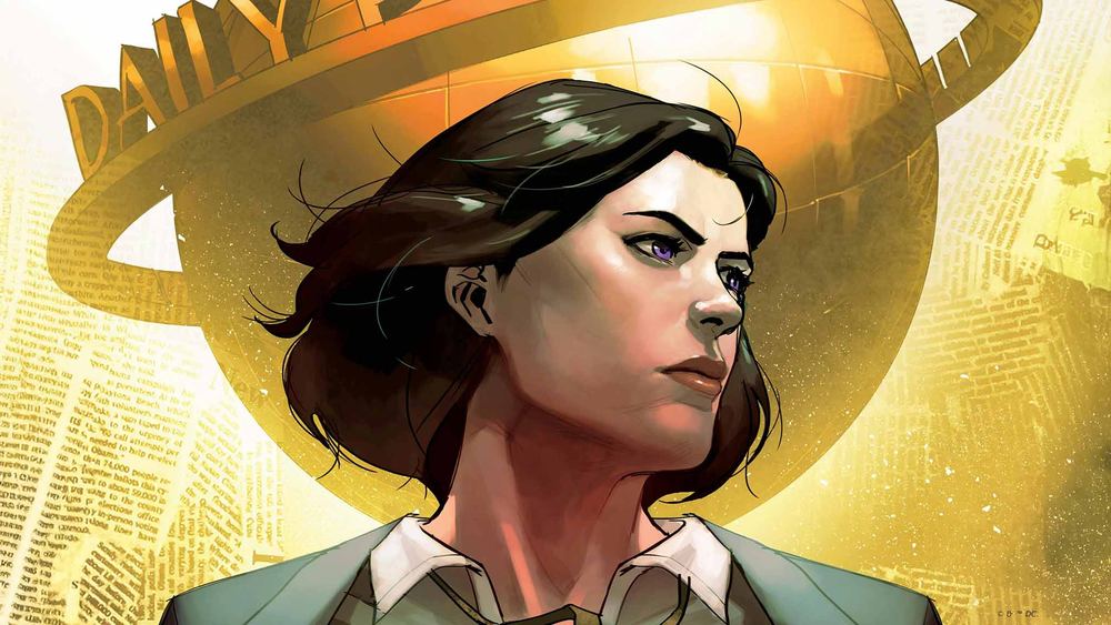 Lois Lane ante el globo dorado del Daily Planet, ilustración de cómic