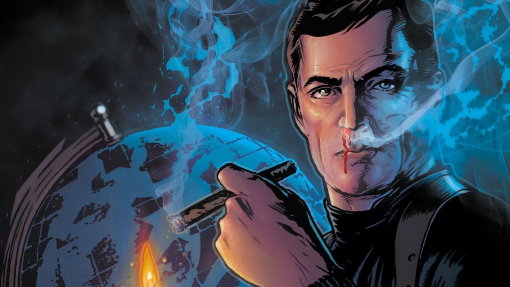 Maxwell Lord, puro en la mano delante de un globo, en los cómics
