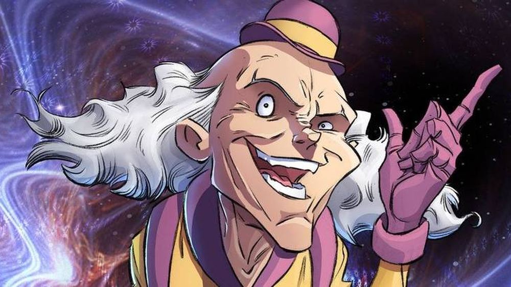 Mr. Mxyzptlk, pelo blanco, sombrero violeta, índice alzado