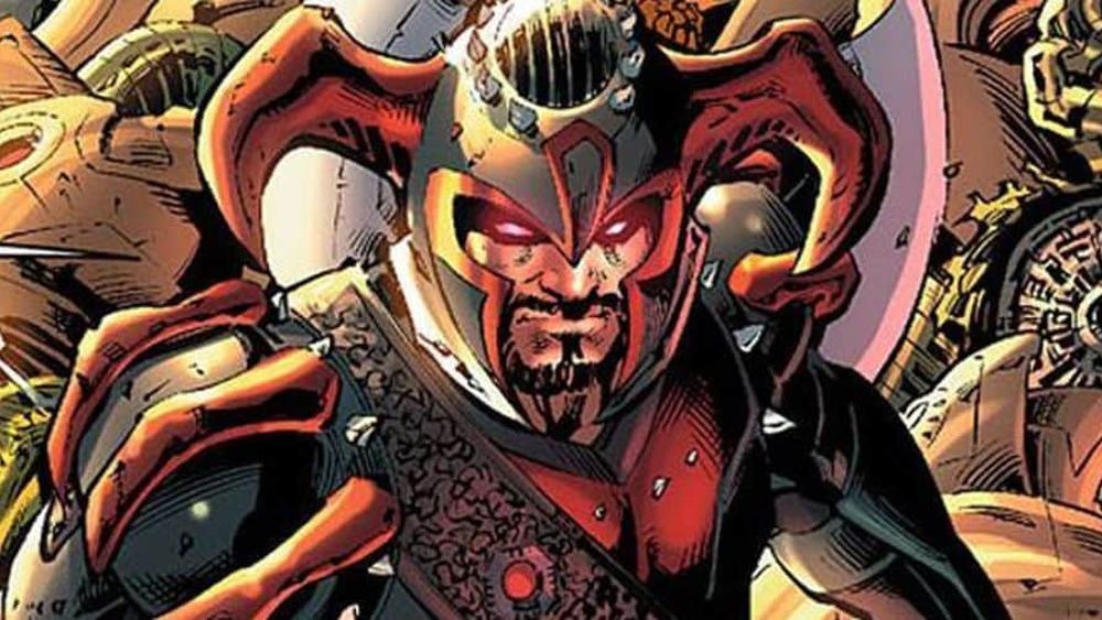 Steppenwolf con casco, cuernos curvos y armadura roja, en los cómics