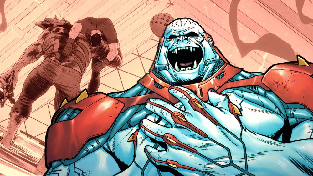 Ultra-Humanité como gorila albino, armadura roja, en los cómics