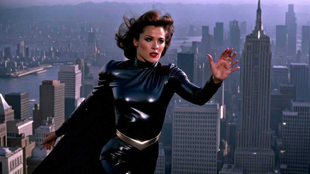 Sarah Douglas como Ursa, traje negro, sobre la ciudad en Superman II